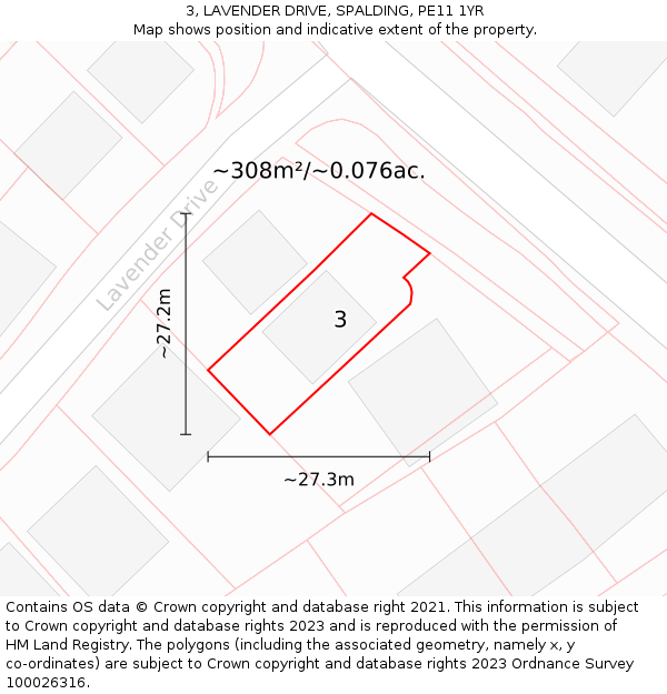 3, LAVENDER DRIVE, SPALDING, PE11 1YR: Plot and title map