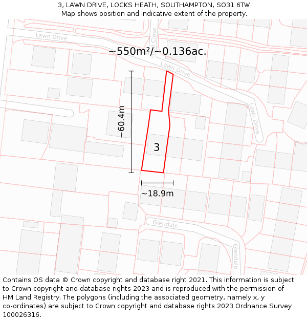 3, LAWN DRIVE, LOCKS HEATH, SOUTHAMPTON, SO31 6TW: Plot and title map
