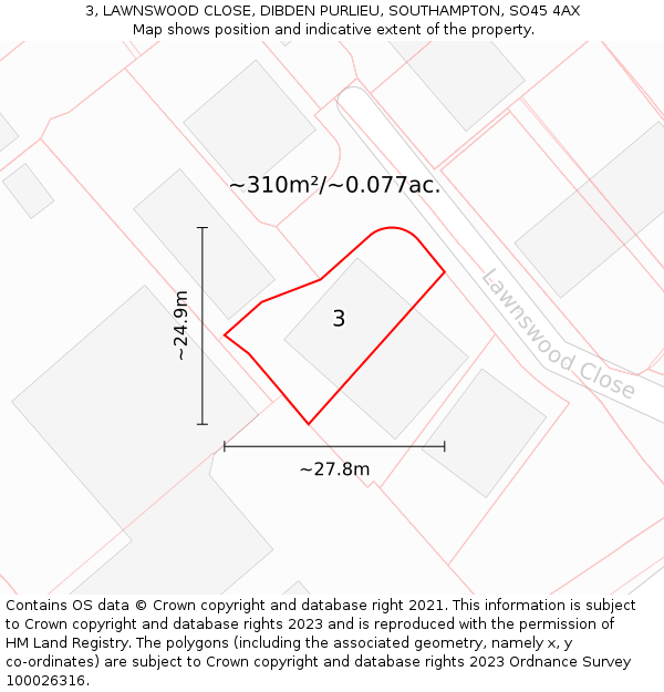 3, LAWNSWOOD CLOSE, DIBDEN PURLIEU, SOUTHAMPTON, SO45 4AX: Plot and title map