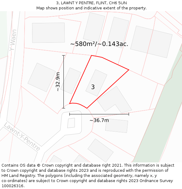 3, LAWNT Y PENTRE, FLINT, CH6 5UN: Plot and title map