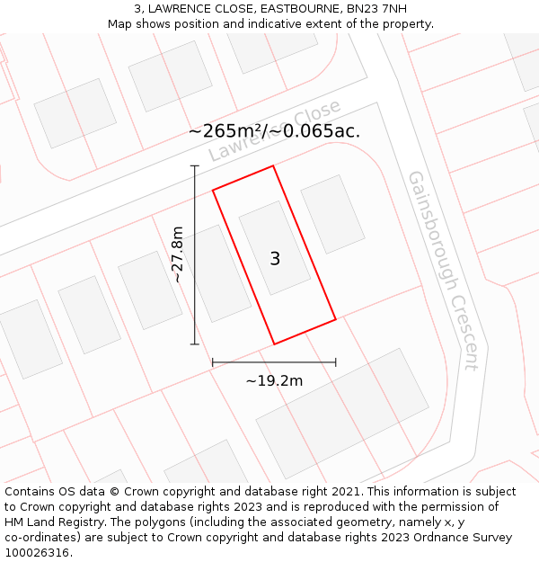 3, LAWRENCE CLOSE, EASTBOURNE, BN23 7NH: Plot and title map