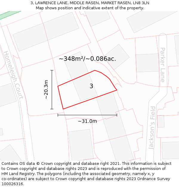 3, LAWRENCE LANE, MIDDLE RASEN, MARKET RASEN, LN8 3LN: Plot and title map