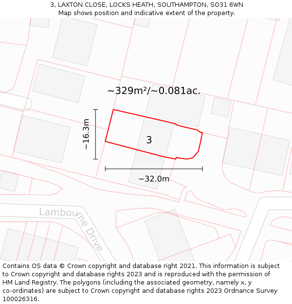 3, LAXTON CLOSE, LOCKS HEATH, SOUTHAMPTON, SO31 6WN: Plot and title map