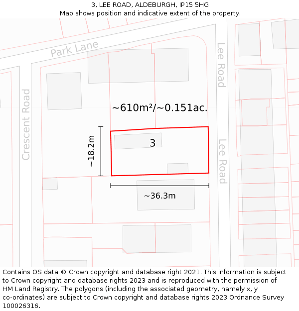 3, LEE ROAD, ALDEBURGH, IP15 5HG: Plot and title map
