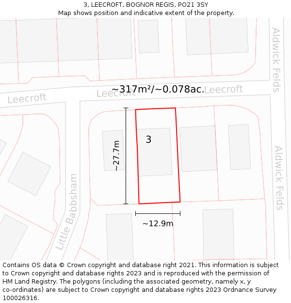 3, LEECROFT, BOGNOR REGIS, PO21 3SY: Plot and title map