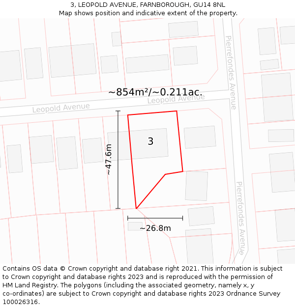 3, LEOPOLD AVENUE, FARNBOROUGH, GU14 8NL: Plot and title map