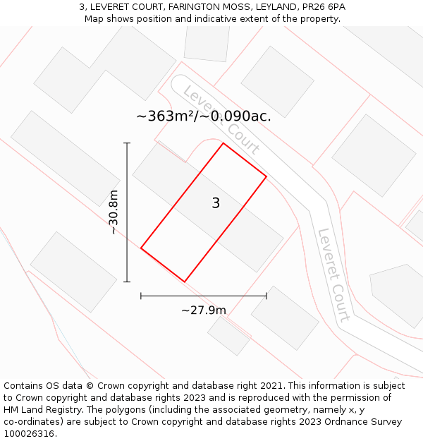 3, LEVERET COURT, FARINGTON MOSS, LEYLAND, PR26 6PA: Plot and title map