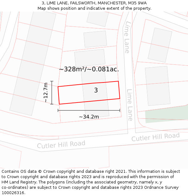 3, LIME LANE, FAILSWORTH, MANCHESTER, M35 9WA: Plot and title map