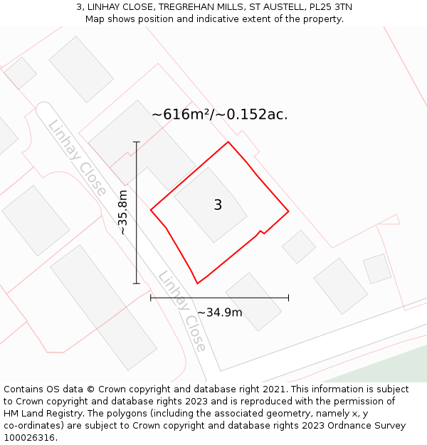 3, LINHAY CLOSE, TREGREHAN MILLS, ST AUSTELL, PL25 3TN: Plot and title map