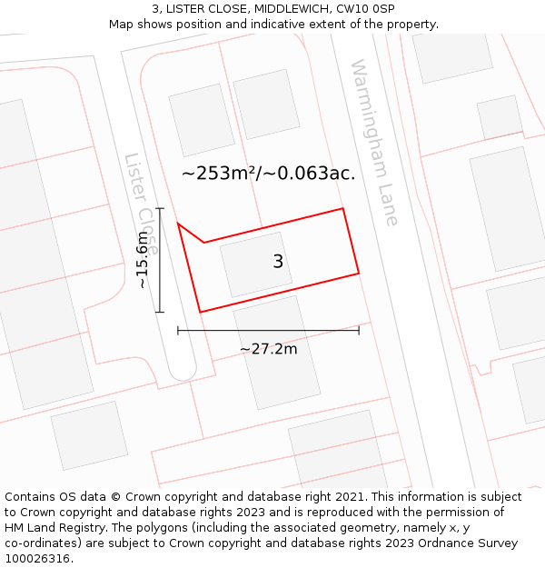 3, LISTER CLOSE, MIDDLEWICH, CW10 0SP: Plot and title map