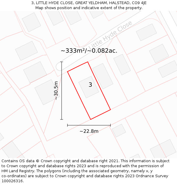 3, LITTLE HYDE CLOSE, GREAT YELDHAM, HALSTEAD, CO9 4JE: Plot and title map