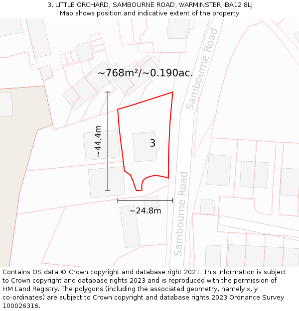 3, LITTLE ORCHARD, SAMBOURNE ROAD, WARMINSTER, BA12 8LJ: Plot and title map