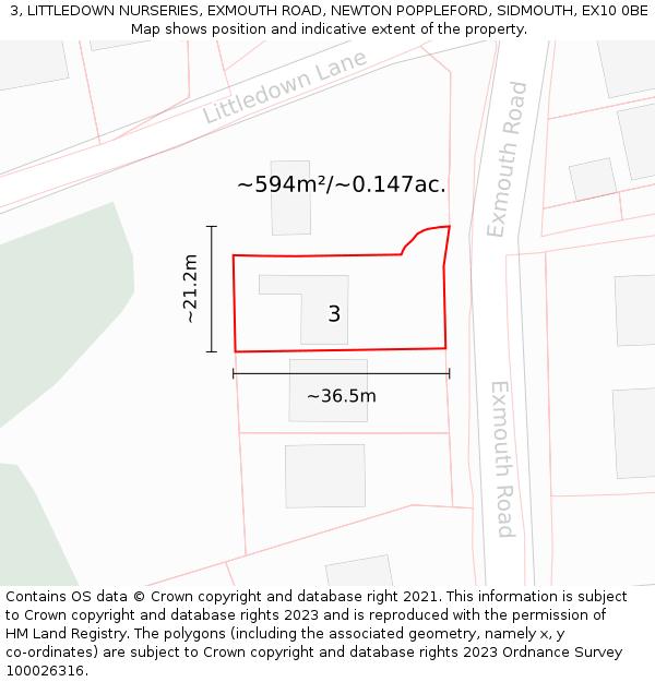 3, LITTLEDOWN NURSERIES, EXMOUTH ROAD, NEWTON POPPLEFORD, SIDMOUTH, EX10 0BE: Plot and title map