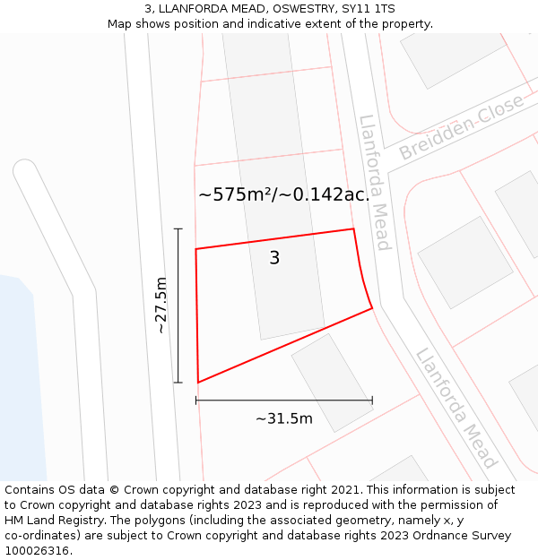 3, LLANFORDA MEAD, OSWESTRY, SY11 1TS: Plot and title map