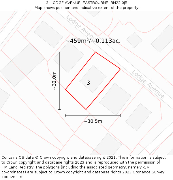 3, LODGE AVENUE, EASTBOURNE, BN22 0JB: Plot and title map
