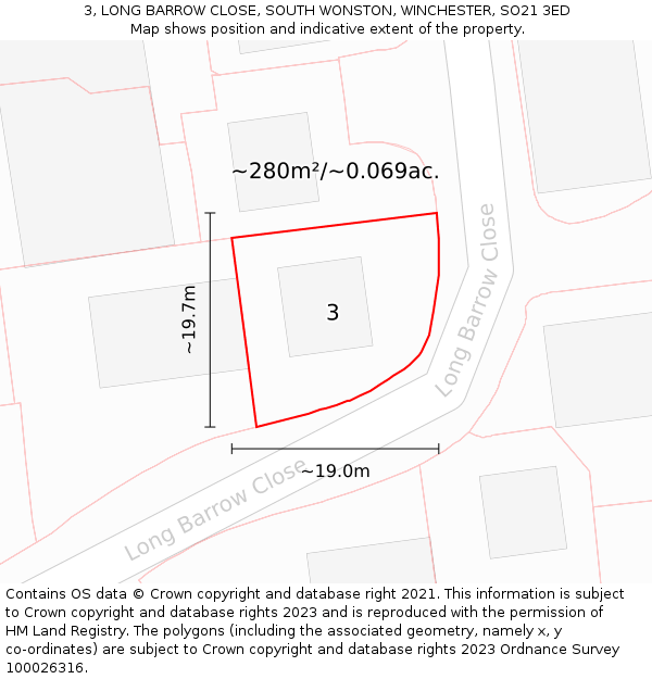 3, LONG BARROW CLOSE, SOUTH WONSTON, WINCHESTER, SO21 3ED: Plot and title map