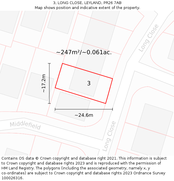 3, LONG CLOSE, LEYLAND, PR26 7AB: Plot and title map