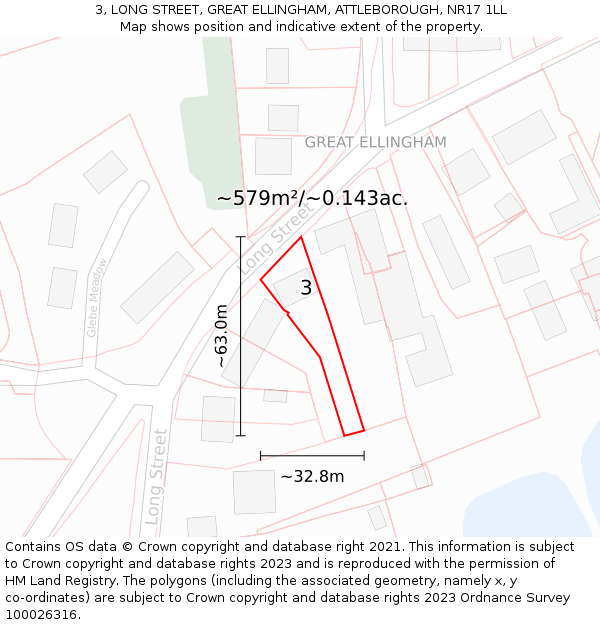 3, LONG STREET, GREAT ELLINGHAM, ATTLEBOROUGH, NR17 1LL: Plot and title map