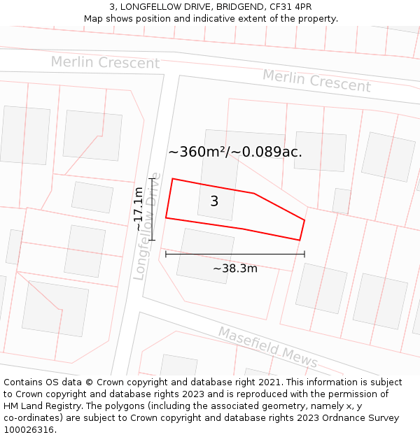 3, LONGFELLOW DRIVE, BRIDGEND, CF31 4PR: Plot and title map