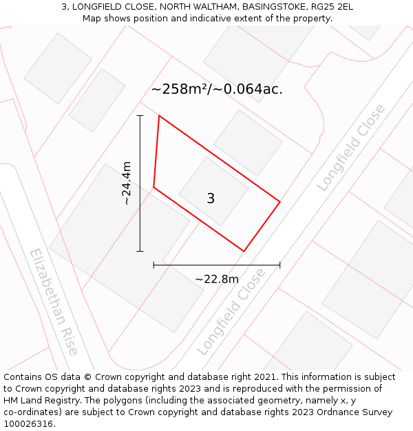 3, LONGFIELD CLOSE, NORTH WALTHAM, BASINGSTOKE, RG25 2EL: Plot and title map