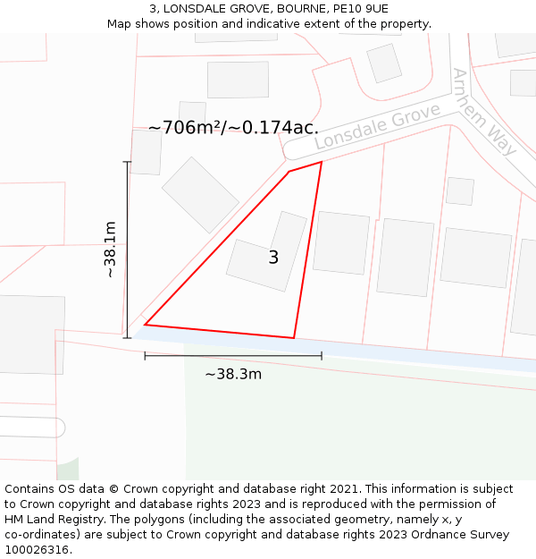 3, LONSDALE GROVE, BOURNE, PE10 9UE: Plot and title map