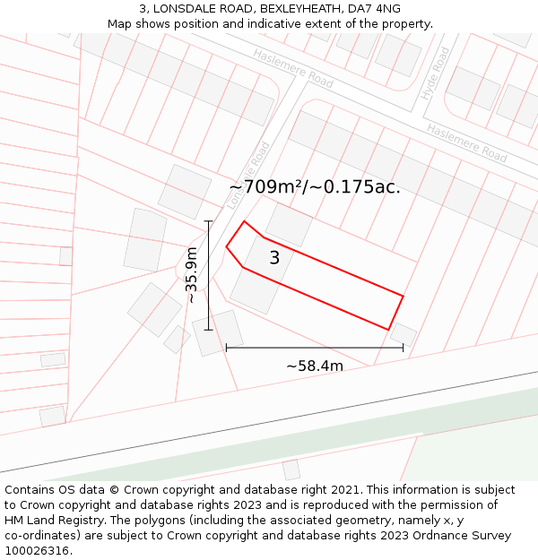 3, LONSDALE ROAD, BEXLEYHEATH, DA7 4NG: Plot and title map