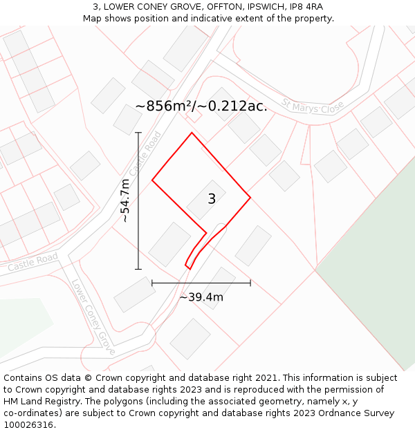 3, LOWER CONEY GROVE, OFFTON, IPSWICH, IP8 4RA: Plot and title map