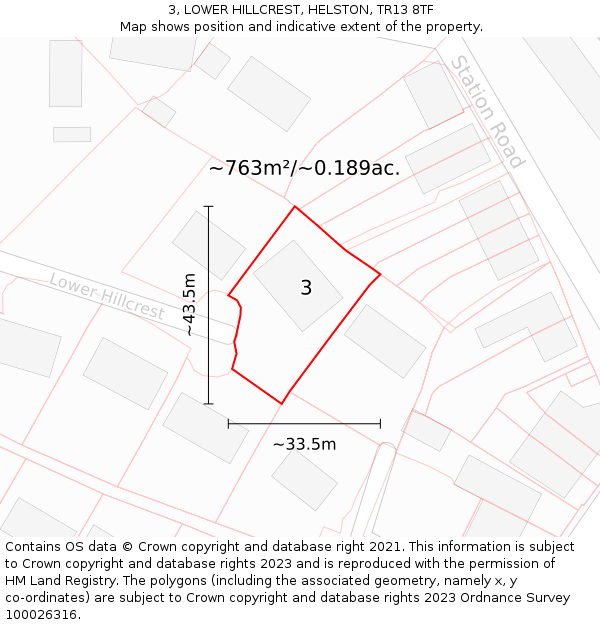 3, LOWER HILLCREST, HELSTON, TR13 8TF: Plot and title map