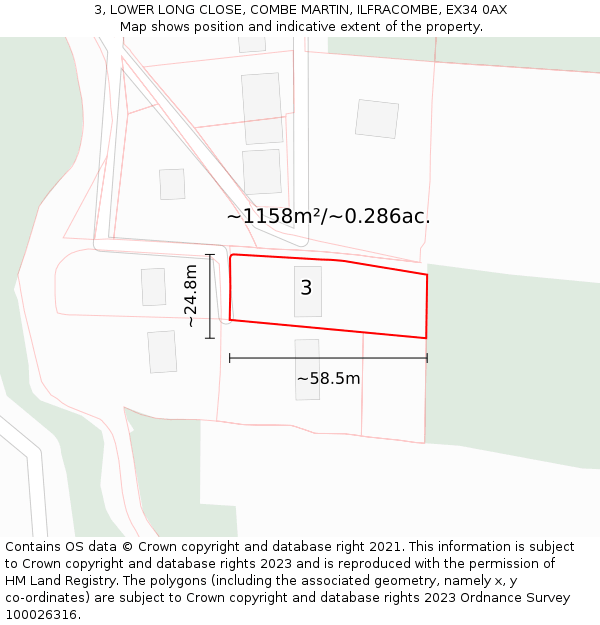 3, LOWER LONG CLOSE, COMBE MARTIN, ILFRACOMBE, EX34 0AX: Plot and title map