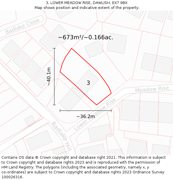 3, LOWER MEADOW RISE, DAWLISH, EX7 9BX: Plot and title map