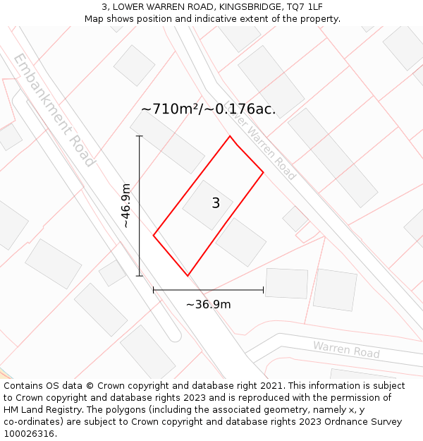 3, LOWER WARREN ROAD, KINGSBRIDGE, TQ7 1LF: Plot and title map