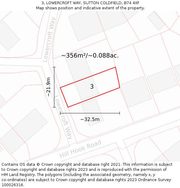 3, LOWERCROFT WAY, SUTTON COLDFIELD, B74 4XF: Plot and title map