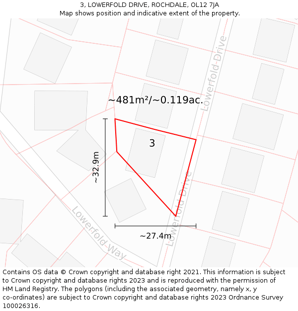 3, LOWERFOLD DRIVE, ROCHDALE, OL12 7JA: Plot and title map