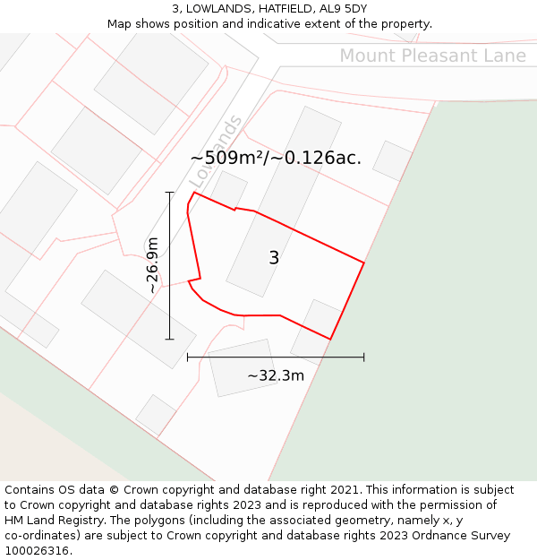 3, LOWLANDS, HATFIELD, AL9 5DY: Plot and title map