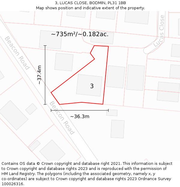 3, LUCAS CLOSE, BODMIN, PL31 1BB: Plot and title map