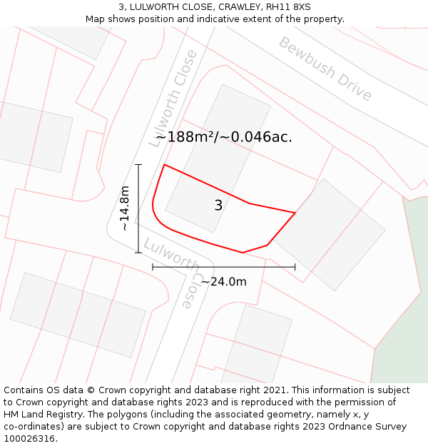 3, LULWORTH CLOSE, CRAWLEY, RH11 8XS: Plot and title map