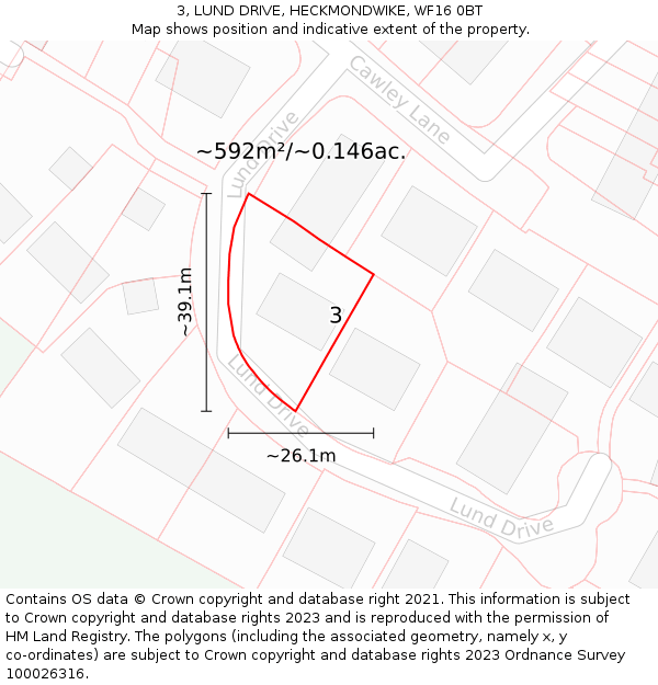 3, LUND DRIVE, HECKMONDWIKE, WF16 0BT: Plot and title map