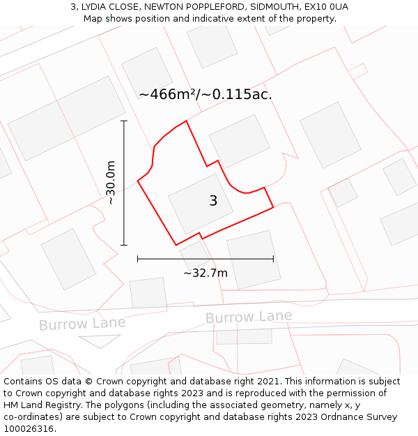 3, LYDIA CLOSE, NEWTON POPPLEFORD, SIDMOUTH, EX10 0UA: Plot and title map