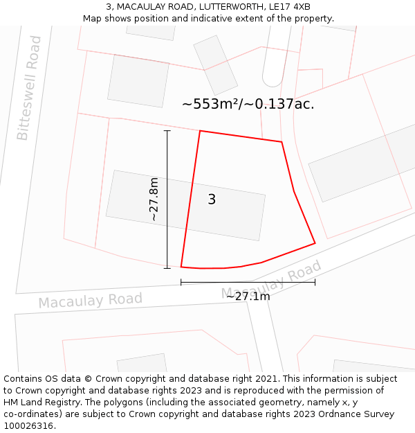 3, MACAULAY ROAD, LUTTERWORTH, LE17 4XB: Plot and title map