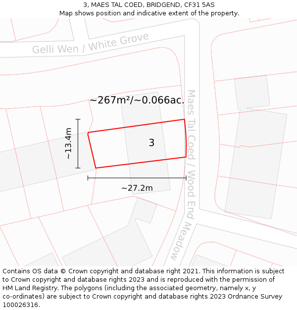 3, MAES TAL COED, BRIDGEND, CF31 5AS: Plot and title map