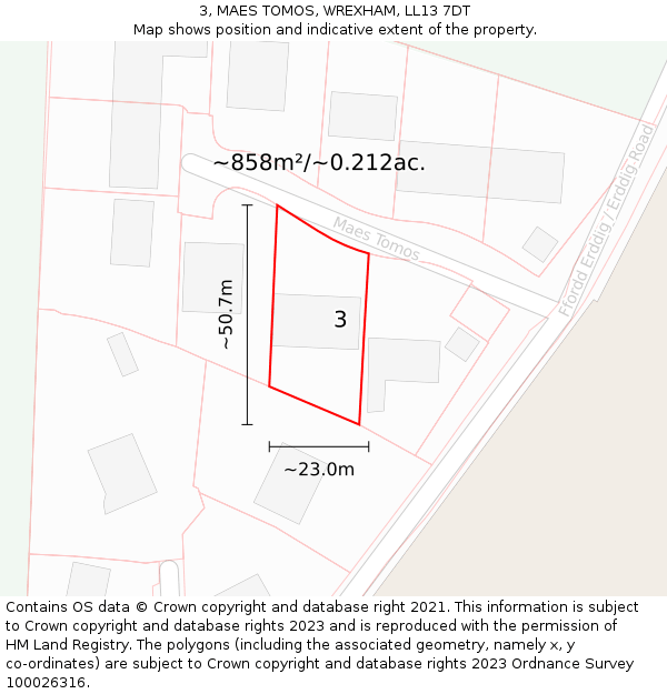 3, MAES TOMOS, WREXHAM, LL13 7DT: Plot and title map