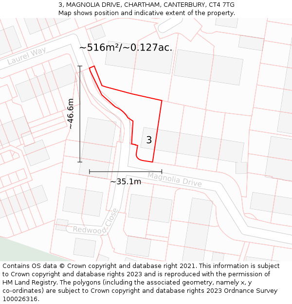 3, MAGNOLIA DRIVE, CHARTHAM, CANTERBURY, CT4 7TG: Plot and title map