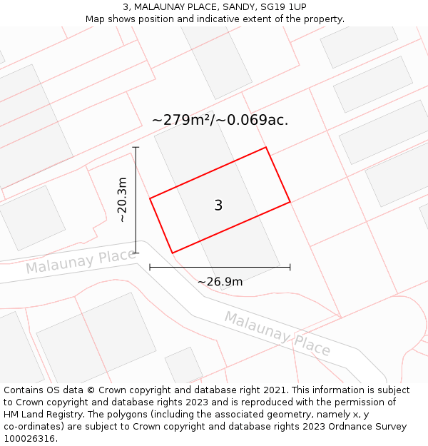 3, MALAUNAY PLACE, SANDY, SG19 1UP: Plot and title map