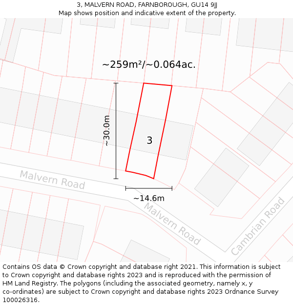 3, MALVERN ROAD, FARNBOROUGH, GU14 9JJ: Plot and title map