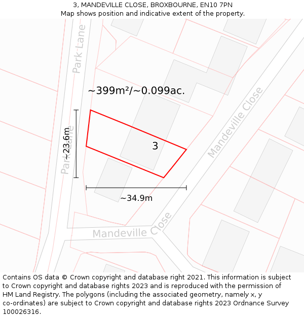 3, MANDEVILLE CLOSE, BROXBOURNE, EN10 7PN: Plot and title map