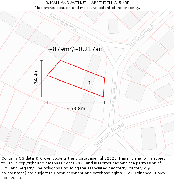 3, MANLAND AVENUE, HARPENDEN, AL5 4RE: Plot and title map