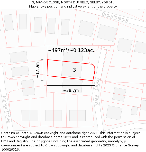 3, MANOR CLOSE, NORTH DUFFIELD, SELBY, YO8 5TL: Plot and title map