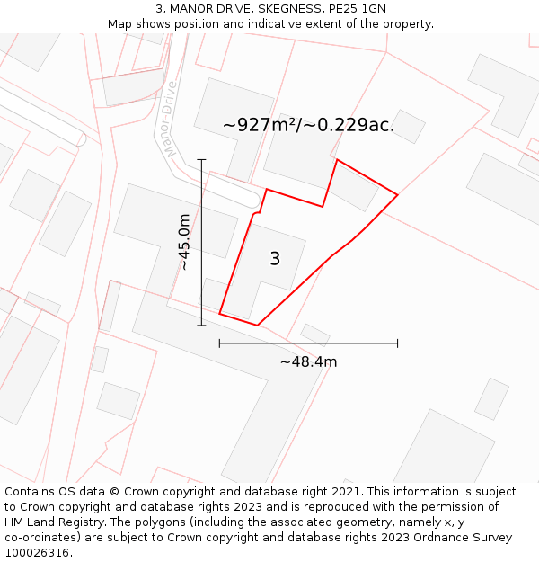 3, MANOR DRIVE, SKEGNESS, PE25 1GN: Plot and title map