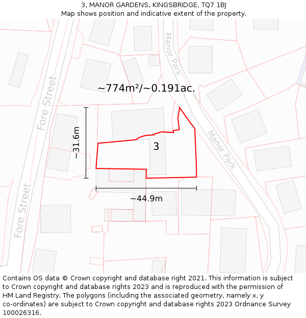 3, MANOR GARDENS, KINGSBRIDGE, TQ7 1BJ: Plot and title map