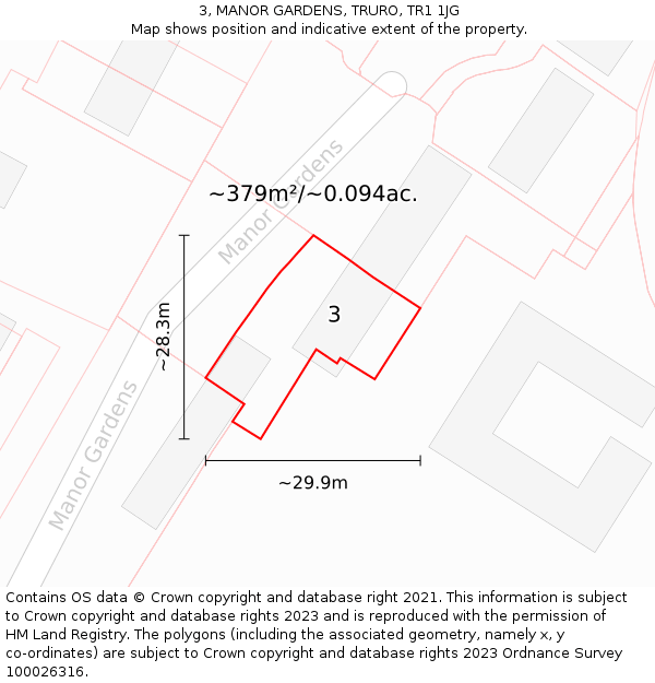 3, MANOR GARDENS, TRURO, TR1 1JG: Plot and title map